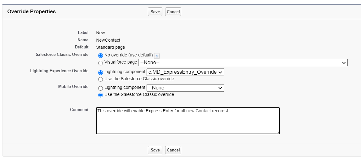 Salesforce Express Entry Contact Lightning Override Instructions - 06 - Save the Lightning Experience Override - Melissa Wiki