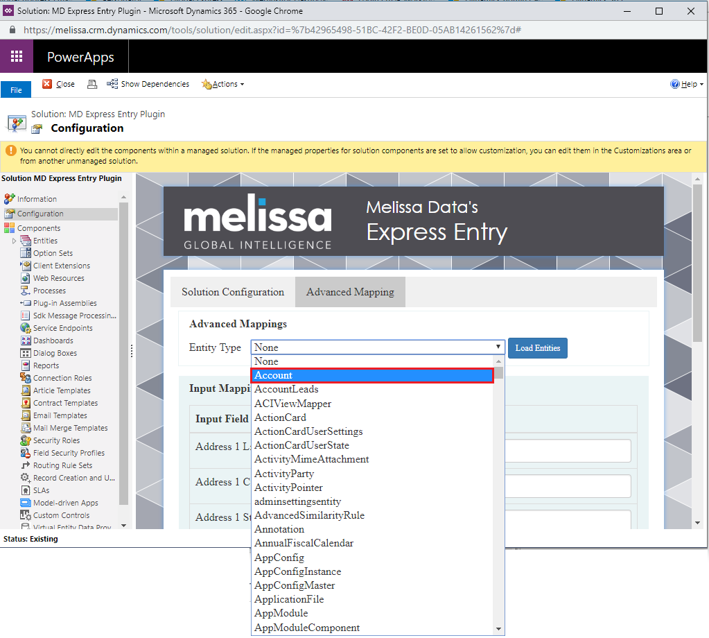 Dynamics ExpressEntry CustomMapping 04 - Select Entity - Melissa Wiki